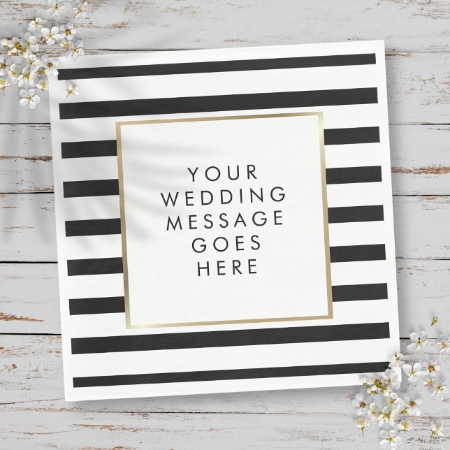 Guardanapo De Papel Faixa Preto e Branco Casamento Dourado (Black and White Stripe Gold Wedding Napkins)