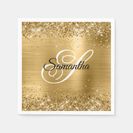 Guardanapo De Papel Falso Glitter Espelhado Dourado e Monograma Chique