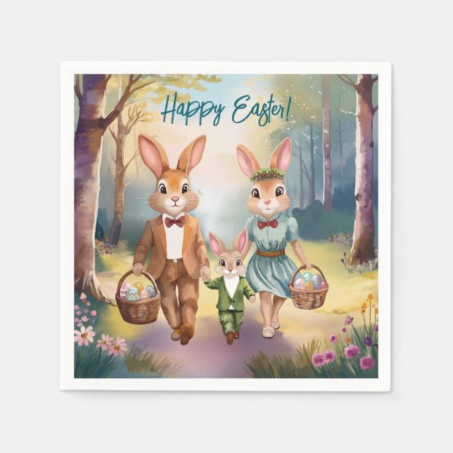 Guardanapo De Papel Família Coelhinha de Páscoa Perseguindo Ovos - Cor (Frente)