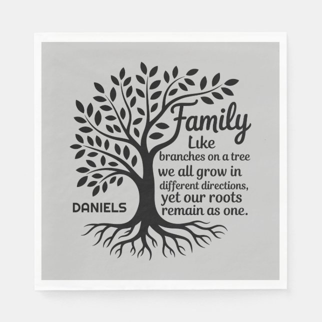 Guardanapo De Papel Family Tree Black & Gray Personalized Family Name (Frente)