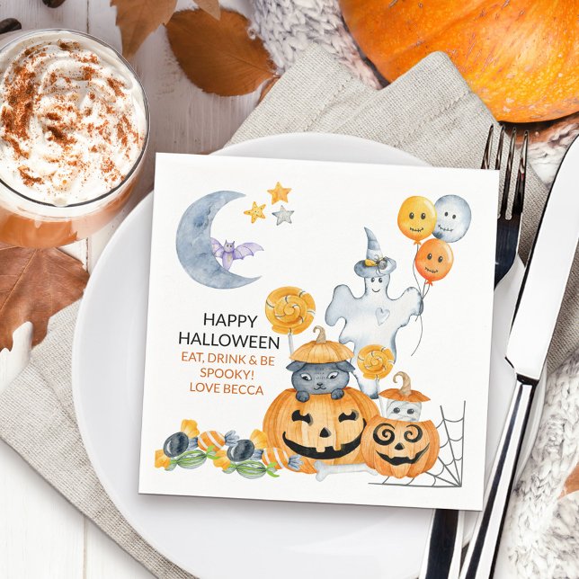 Guardanapo De Papel Fantasma das Bruxas e Jack o Lanterna Pumpkin (Cute kids halloween party napkins)