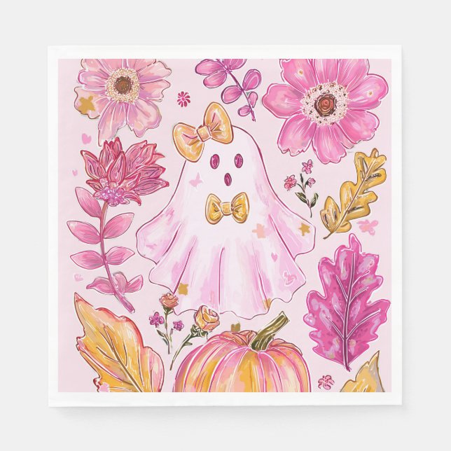 Guardanapo De Papel Fantasma de Halloween Rosa Pastel com Flores e Abó (Frente)