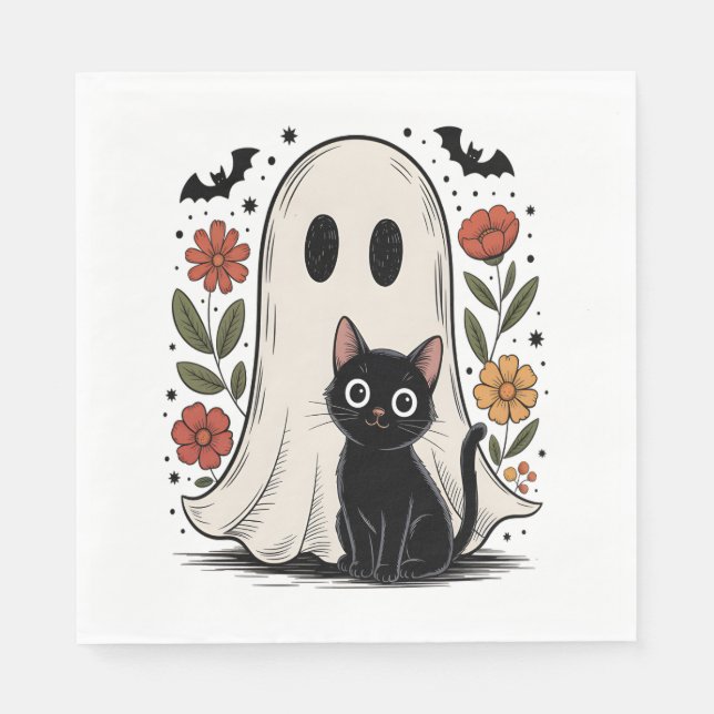 Guardanapo De Papel Fantasma e Gato do Dia das Bruxas (Frente)