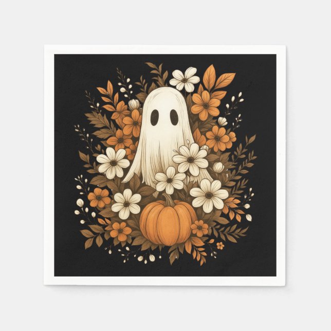 Guardanapo De Papel Fantasma Fofo Com Abóbora E Flores De Outono – Hal (Frente)