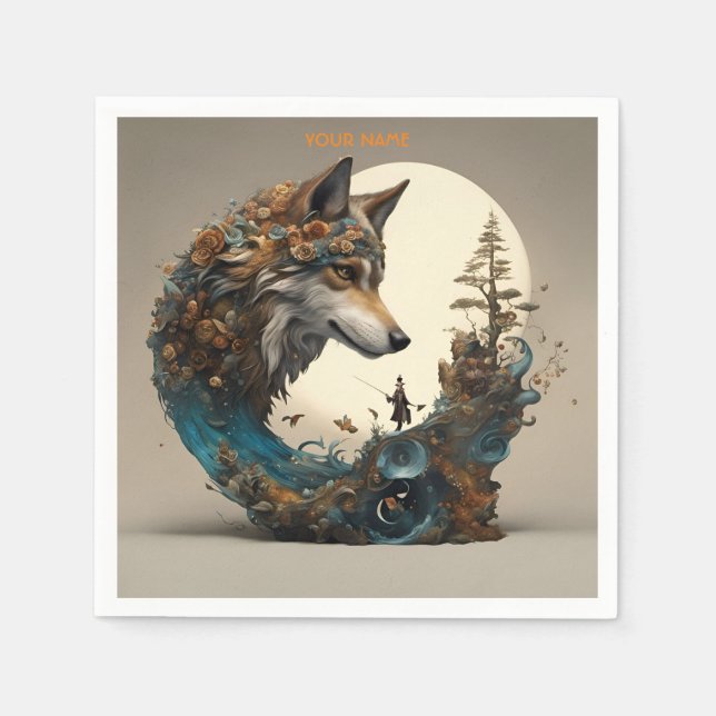 Guardanapo De Papel Fantasy Cute Vivid Flowers Wolf Wizard (Frente)