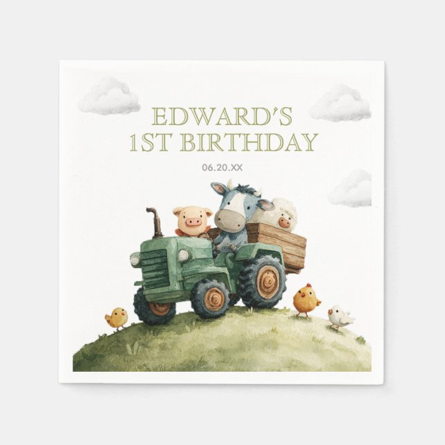 Guardanapo De Papel Farm Animals Green Tractor Birthday (Frente)