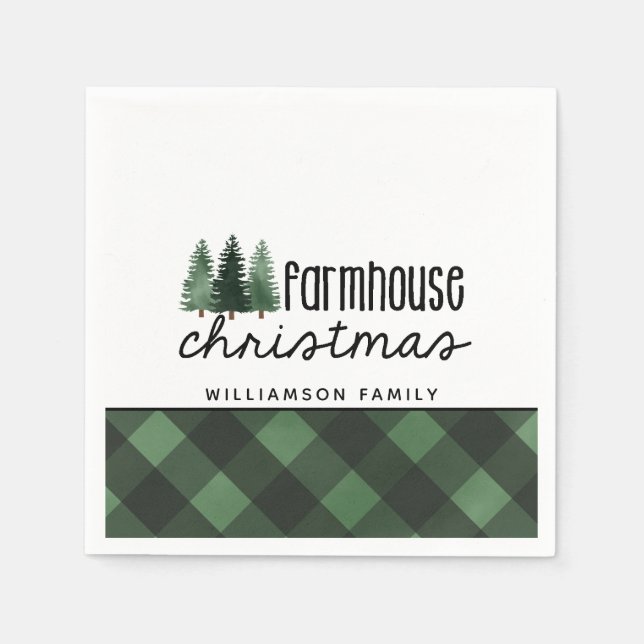 Guardanapo De Papel Farmhouse Christmas Green Xadrez Family Name (Frente)