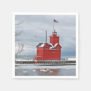 Guardanapo De Papel Farol Vermelho Grande do Michigan Com Cisnes De In