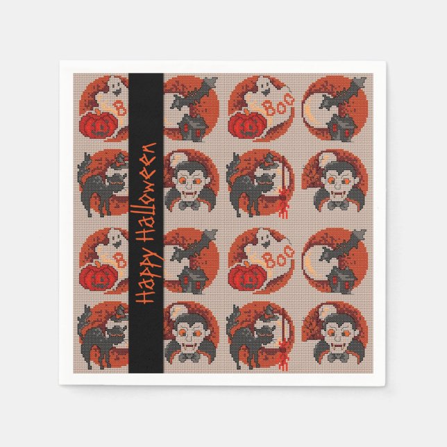 Guardanapo De Papel Fashion Halloween Faux Cross-Stitch Napkins (Frente)