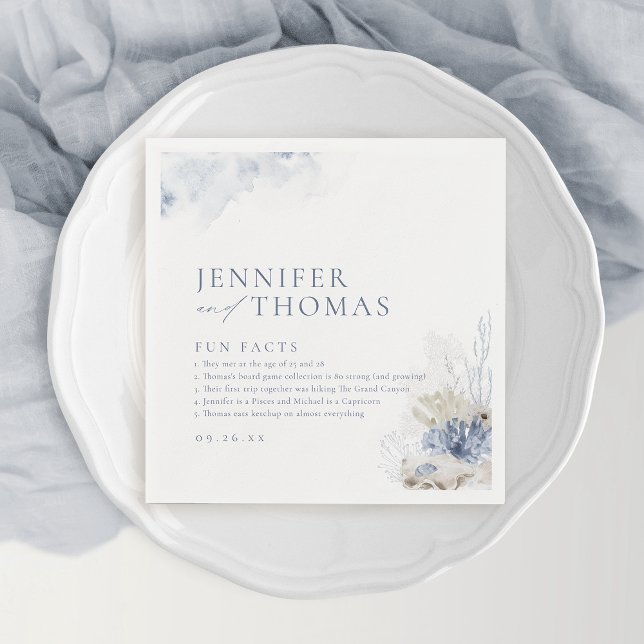 Guardanapo De Papel Fatos divertidos corais azuis e conchas caseiras (Fun facts blue coral & seashells beach Wedding Napkins)