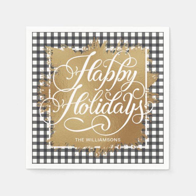 Guardanapo De Papel Faux Faux Feliz Feriados Dourados Cheque Preto (Frente)