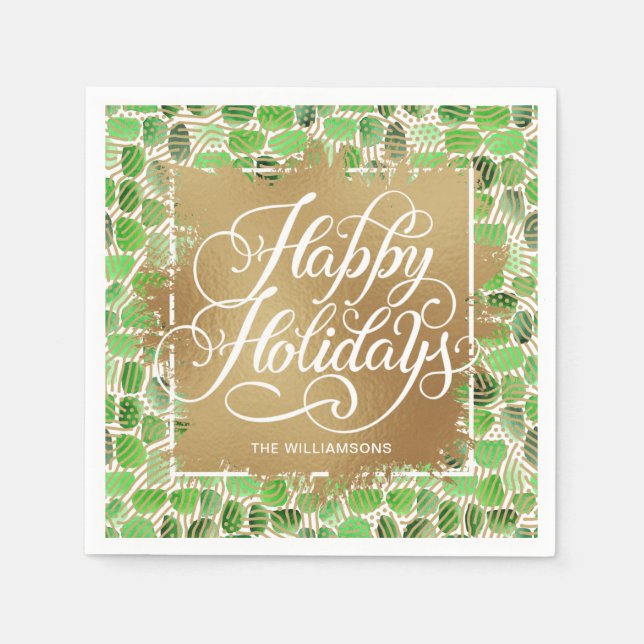 Guardanapo De Papel Faux Foil Happy Holidays Dourado Verde (Frente)