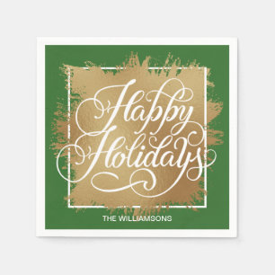 Guardanapo De Papel Faux Foil Happy Holidays Dourado Verde