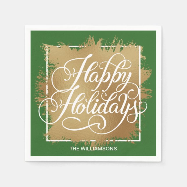 Guardanapo De Papel Faux Foil Happy Holidays Dourado Verde (Frente)