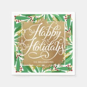 Guardanapo De Papel Faux Foil Happy Holidays Greenery Berries