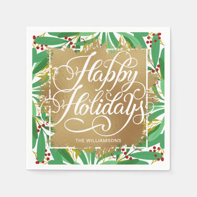 Guardanapo De Papel Faux Foil Happy Holidays Greenery Berries (Frente)