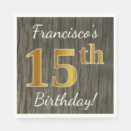 Guardanapo De Papel Faux Wood, Faux Dourada 15 Birthday + nome persona