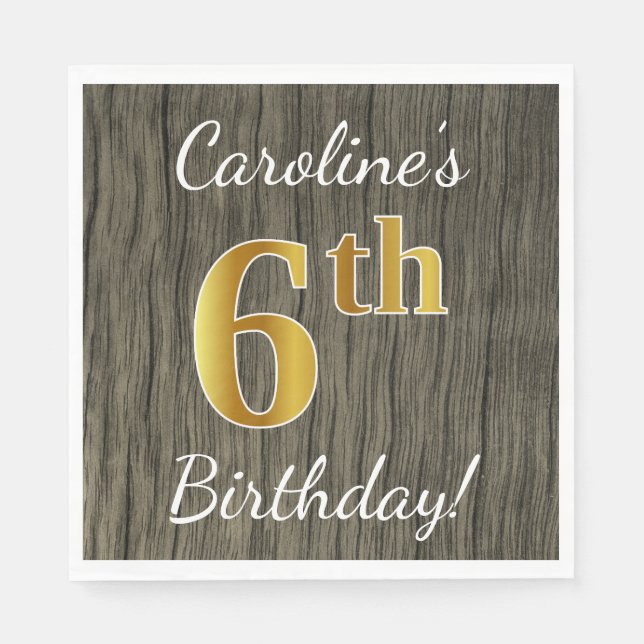 Guardanapo De Papel Faux Wood, Faux Dourada 6 Birthday + nome personal (Frente)