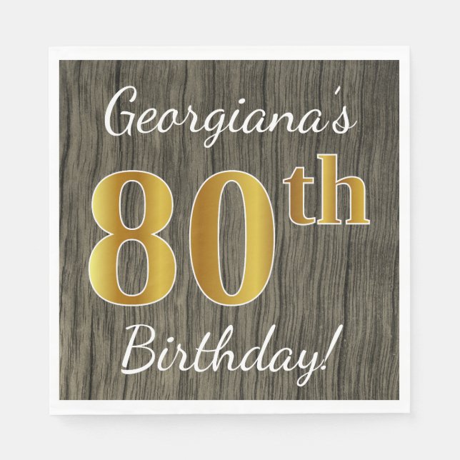 Guardanapo De Papel Faux Wood, Faux Dourada 80 Birthday + nome persona (Frente)