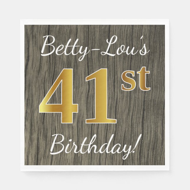 Guardanapo De Papel Faux Wood, Faux Dourado 41rua Birthday + Nome Pers (Frente)