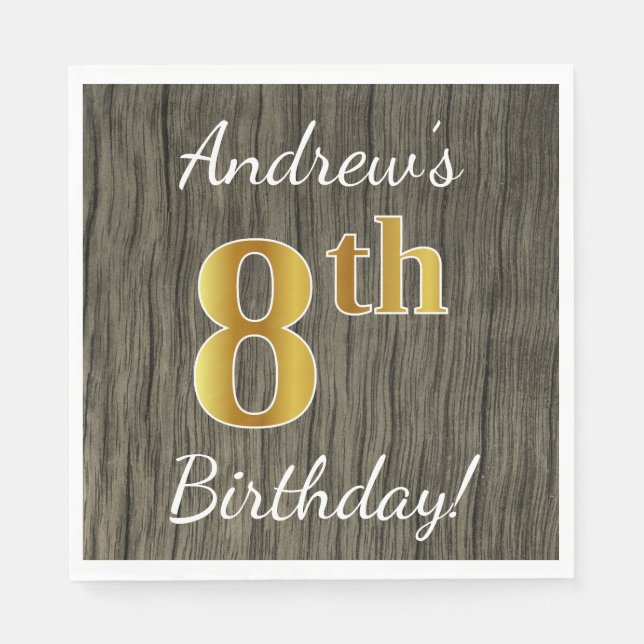 Guardanapo De Papel Faux Wood, Faux Dourado 8.º aniversário + nome per (Frente)