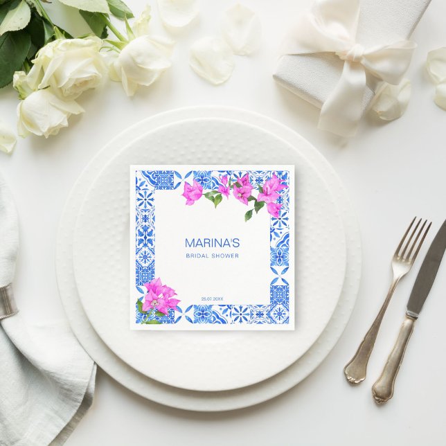 Guardanapo De Papel Favor de chá de panela Telhas Azuis Bougainvillea  (Bridal shower table decor Blue Tiles Bougainvillea printed Napkins personalized tableware)