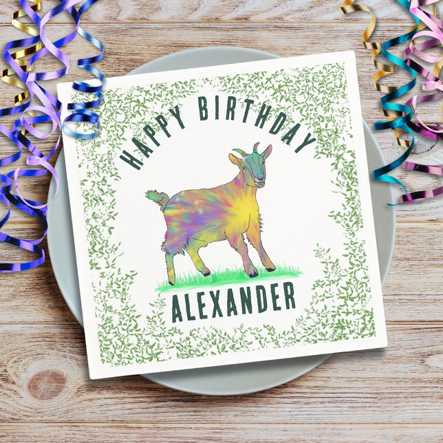 Guardanapo De Papel Fazenda de Capim Feliz Aniversário Apelido (Baby goat farm animal birthday party custom paper plate cute goat animal art and foliage watercolor )