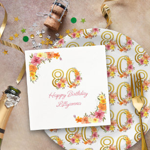 Guardanapo De Papel Feliz 80 Birthday Floral Dourado Número 80