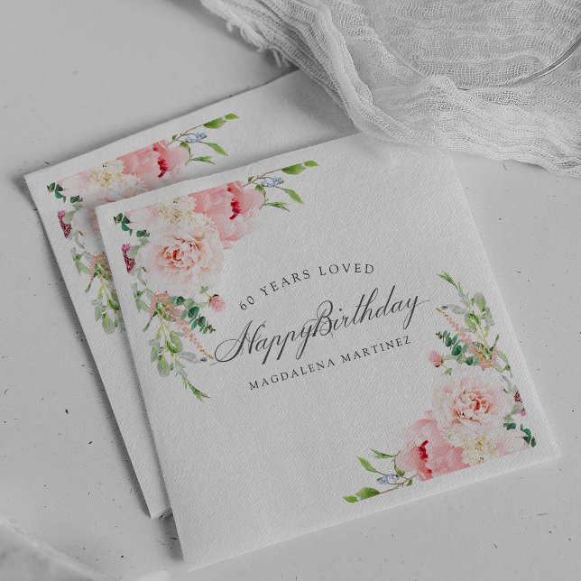 Guardanapo De Papel Feliz Aniversário, 60 Anos Adorava Pink Floral Cus (Criador carregado)