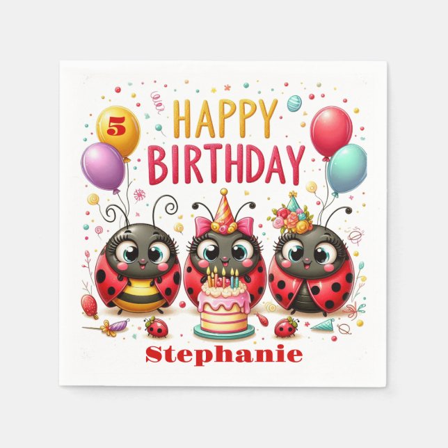 Guardanapo De Papel Feliz Aniversário Bonito Ladybug Vermelho E Negro  (Frente)