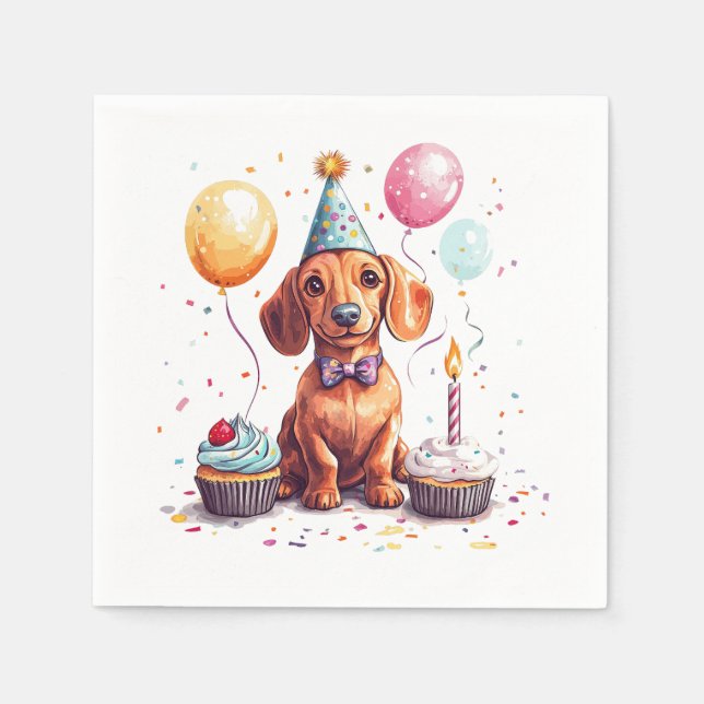 Guardanapo De Papel Feliz Aniversário Cachorro Dachshund  (Frente)