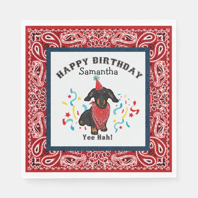 Guardanapo De Papel Feliz aniversário com o cão Dachshund em Bandana V (Frente)