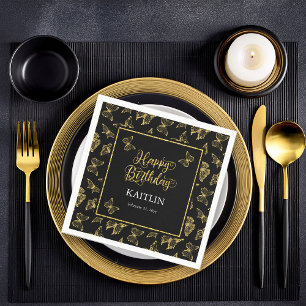 Guardanapo De Papel Feliz Aniversário das Borboletas Douradas Elegante