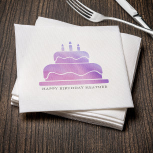 Guardanapo De Papel Feliz aniversário do Bolo de Aquarela Rosa e Roxo