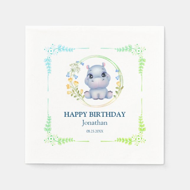 Guardanapo De Papel Feliz Aniversário do Flor de Hippopotamus Feliz (Frente)