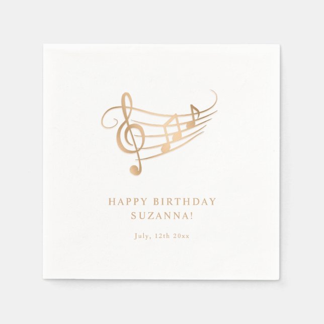 Guardanapo De Papel Feliz aniversário, Dourado, notas de música elegan (Frente)
