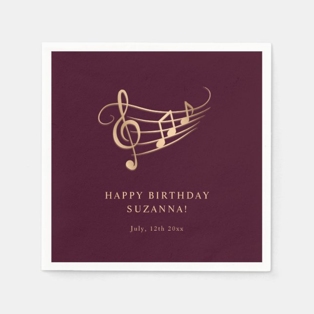 Guardanapo De Papel Feliz aniversário, Dourado, notas de música elegan (Frente)