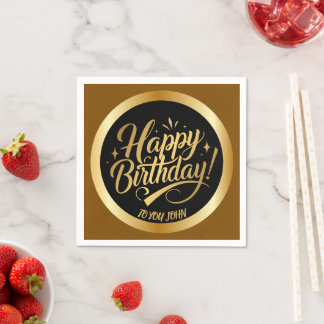 Guardanapo De Papel Feliz Aniversário em Letra Dourada Elegante Preto
