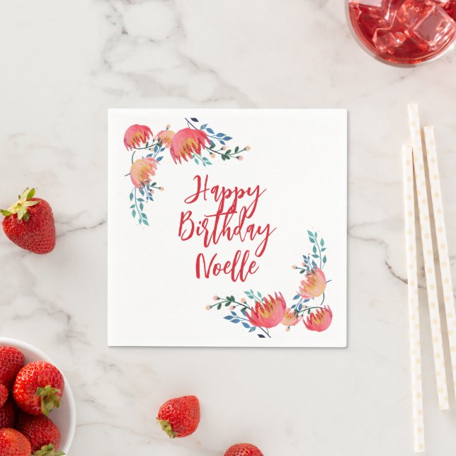 Guardanapo De Papel Feliz Aniversário - Flores Brancas Elegantes, Verm (Insitu)