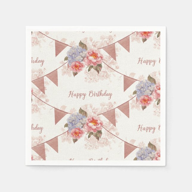 Guardanapo De Papel Feliz Aniversário! Garlands e Flores Chiques! (Frente)