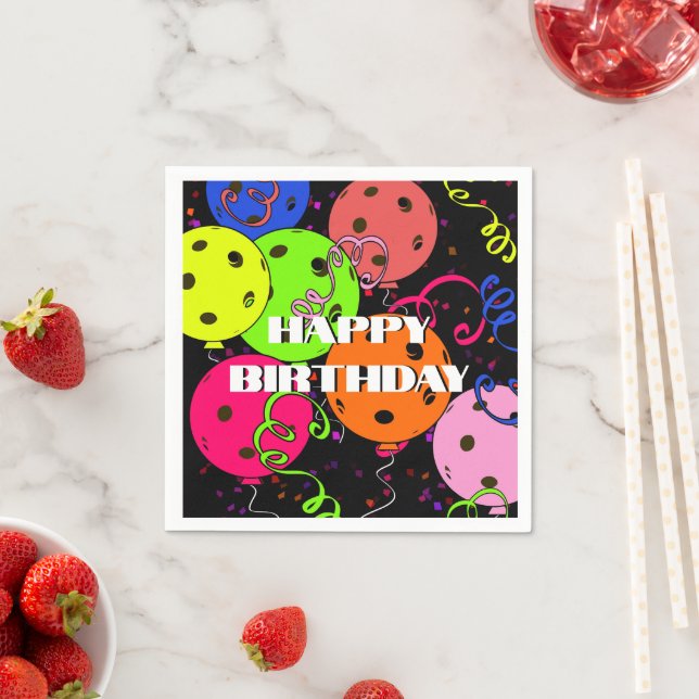 Guardanapo De Papel Feliz Aniversário Pickleball Balões Confetti Black (Insitu)