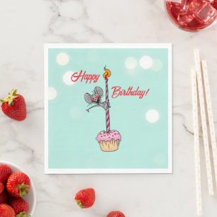 Guardanapo De Papel Feliz Aniversário Rato com Cupcake e Vela