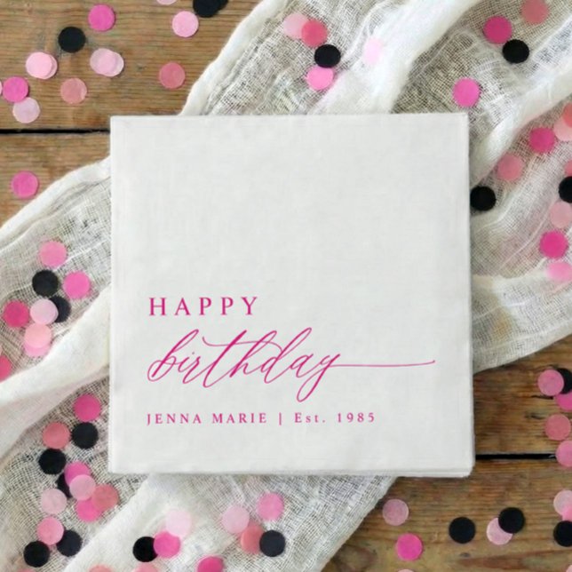 Guardanapo De Papel Feliz Aniversário Rosa Simples e Elegante (Pink personalized happy birthday script party napkins - Modern, elegant and simple.)