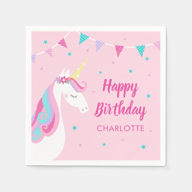Guardanapo De Papel Feliz Aniversário Whimsical Rainbow Unicorn Rosa (Frente)
