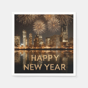 Guardanapo De Papel "Feliz ano novo" com o Fireworks sobre uma cidade
