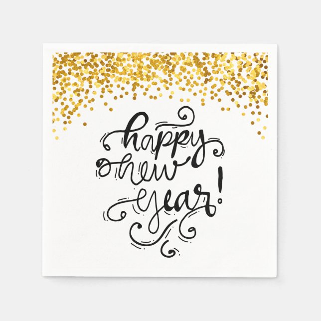 Guardanapo De Papel Feliz ano novo Dourado Confetti Holiday Napkin (Frente)