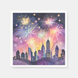 Guardanapo De Papel Feliz Ano Novo | Foguetes Noite da Cidade Aquarela