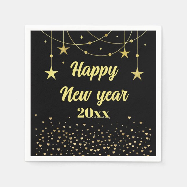 Guardanapo De Papel Feliz ano novo preto e ouro moderno elegante (Frente)