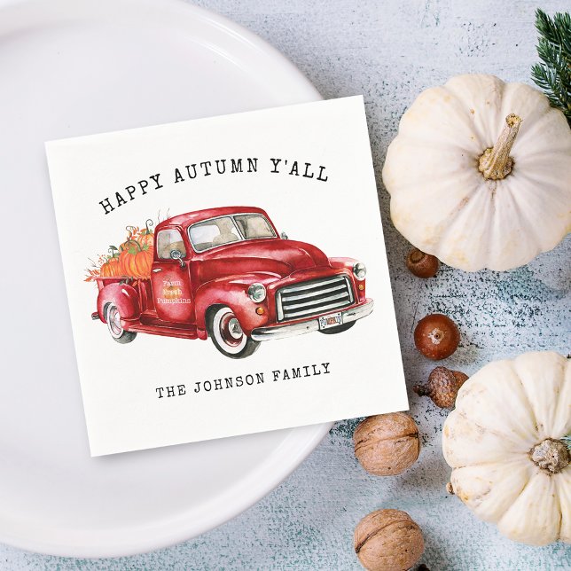 Guardanapo De Papel Feliz Autumn Red Truck Pumpkins Personalizado (Happy Autumn Red Truck Pumpkins Personalized Napkins)