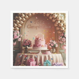 Guardanapo De Papel “Feliz Cumpleaños” Rosa Elegante e Dourado de Aniv